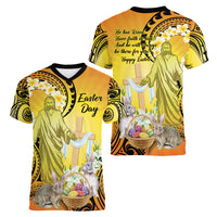 Polynesia Easter Day Women V Neck T Shirt He Is Risen Lilium Longiflorum Polynesian Pattern