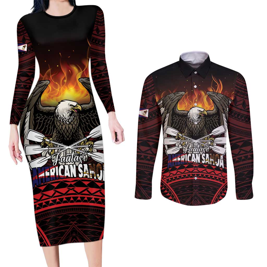 Fautasi Race Day American Samoa Couples Matching Long Sleeve Bodycon Dress and Long Sleeve Button Shirt Bald Eagle Polynesian Tattoo
