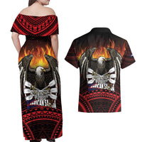 Fautasi Race Day American Samoa Couples Matching Off Shoulder Maxi Dress and Hawaiian Shirt Bald Eagle Polynesian Tattoo