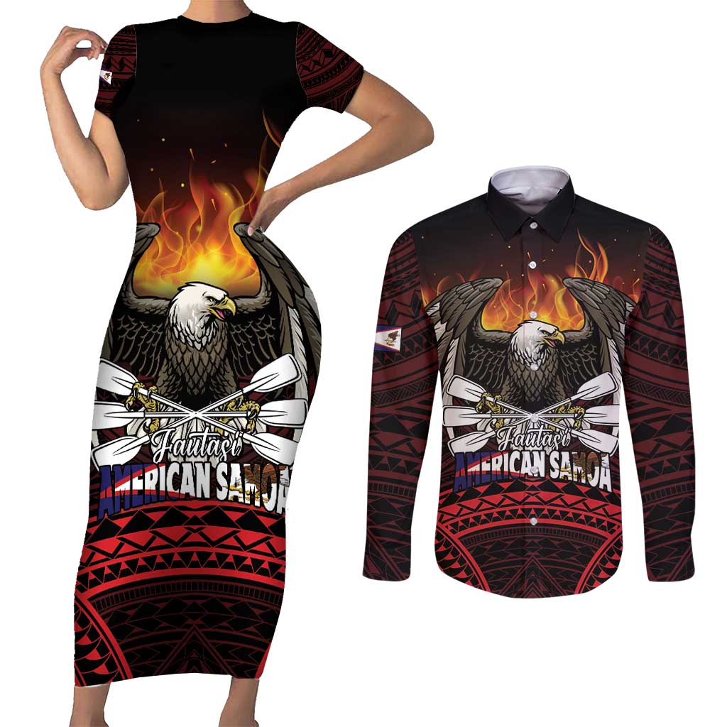 Fautasi Race Day American Samoa Couples Matching Short Sleeve Bodycon Dress and Long Sleeve Button Shirt Bald Eagle Polynesian Tattoo