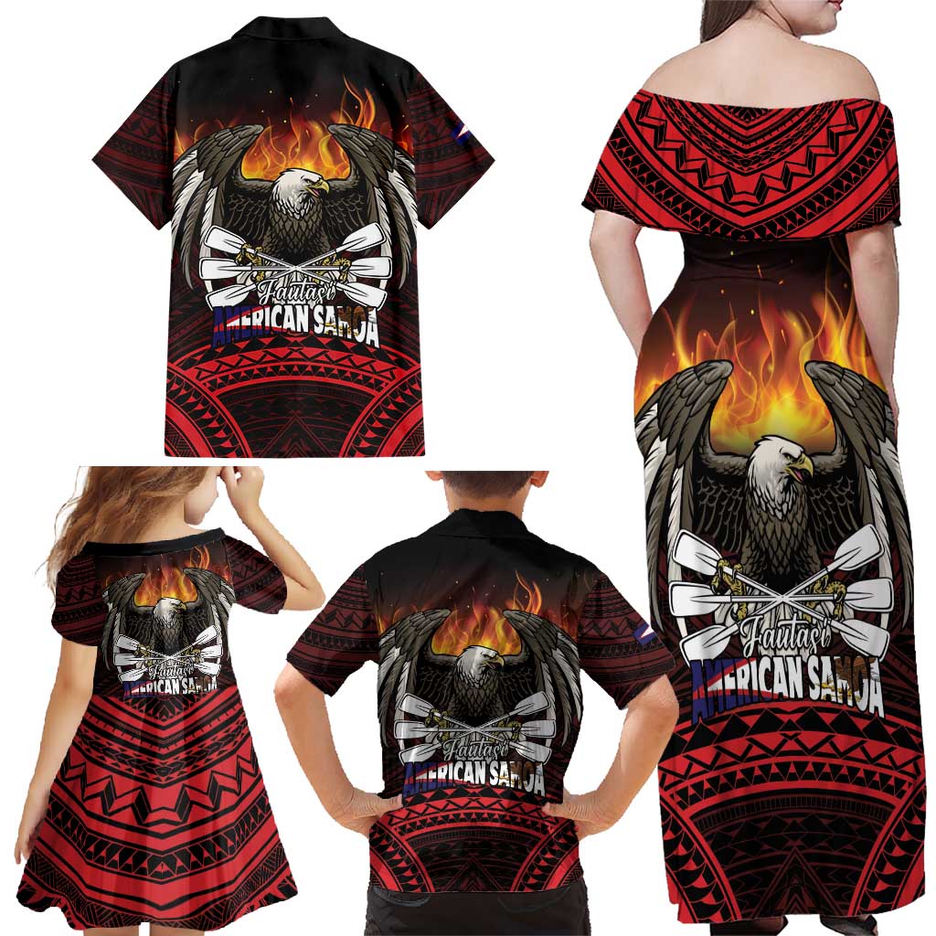 Fautasi Race Day American Samoa Family Matching Off Shoulder Maxi Dress and Hawaiian Shirt Bald Eagle Polynesian Tattoo