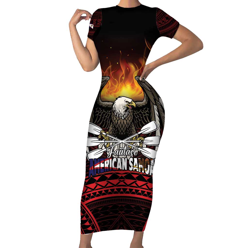 Fautasi Race Day American Samoa Family Matching Short Sleeve Bodycon Dress and Hawaiian Shirt Bald Eagle Polynesian Tattoo