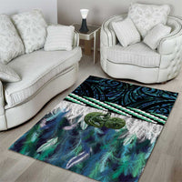 Turquoise Traditional Cloak Aotearoa Area Rug Maori Paua Shell Korowai Pattern