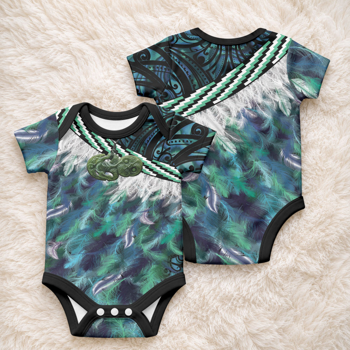 Turquoise Traditional Cloak Aotearoa Baby Onesie Maori Paua Shell Korowai Pattern LT14 - Polynesian Pride