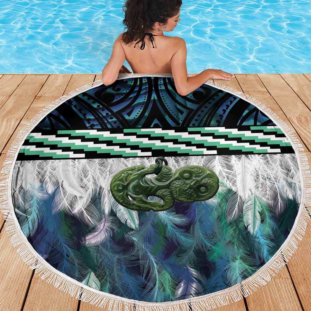 Turquoise Traditional Cloak Aotearoa Beach Blanket Maori Paua Shell Korowai Pattern
