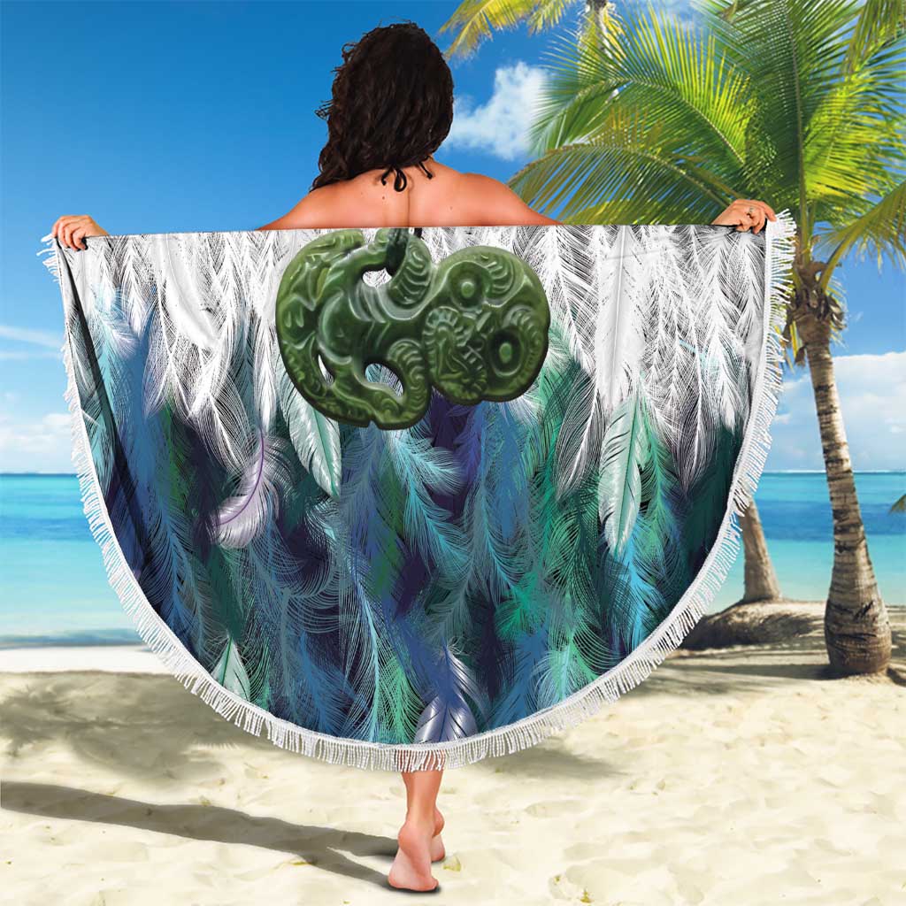 Turquoise Traditional Cloak Aotearoa Beach Blanket Maori Paua Shell Korowai Pattern