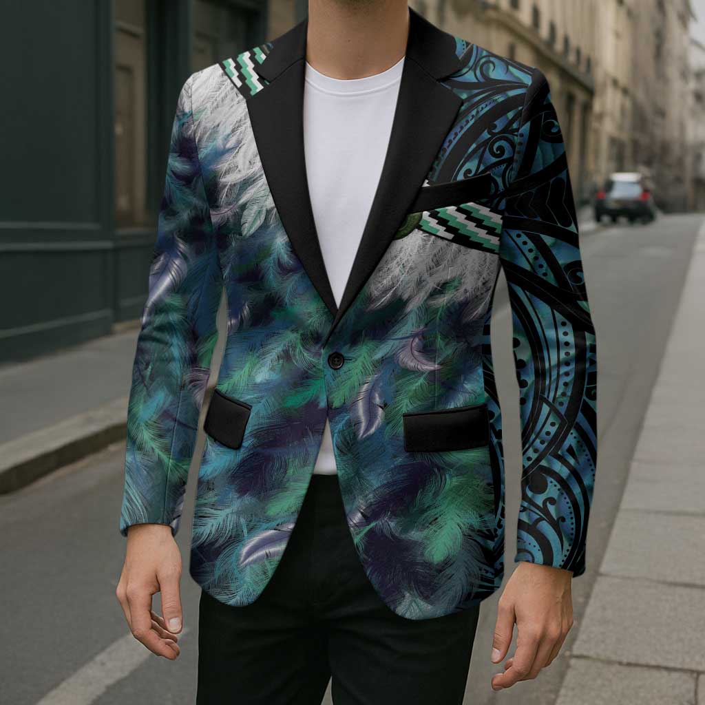 Turquoise Traditional Cloak Aotearoa Blazer Maori Paua Shell Korowai Pattern - Polynesian Pride