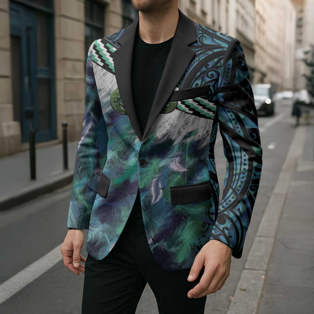 Turquoise Traditional Cloak Aotearoa Blazer Maori Paua Shell Korowai Pattern - Polynesian Pride