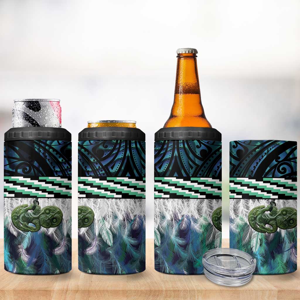 Turquoise Traditional Cloak Aotearoa 4 in 1 Can Cooler Tumbler Maori Paua Shell Korowai Pattern