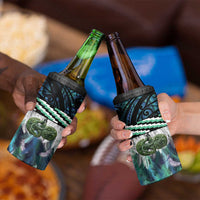 Turquoise Traditional Cloak Aotearoa 4 in 1 Can Cooler Tumbler Maori Paua Shell Korowai Pattern