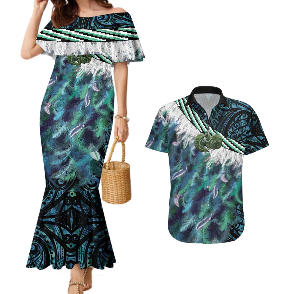 Turquoise Traditional Cloak Aotearoa Couples Matching Mermaid Dress and Hawaiian Shirt Maori Paua Shell Korowai Pattern