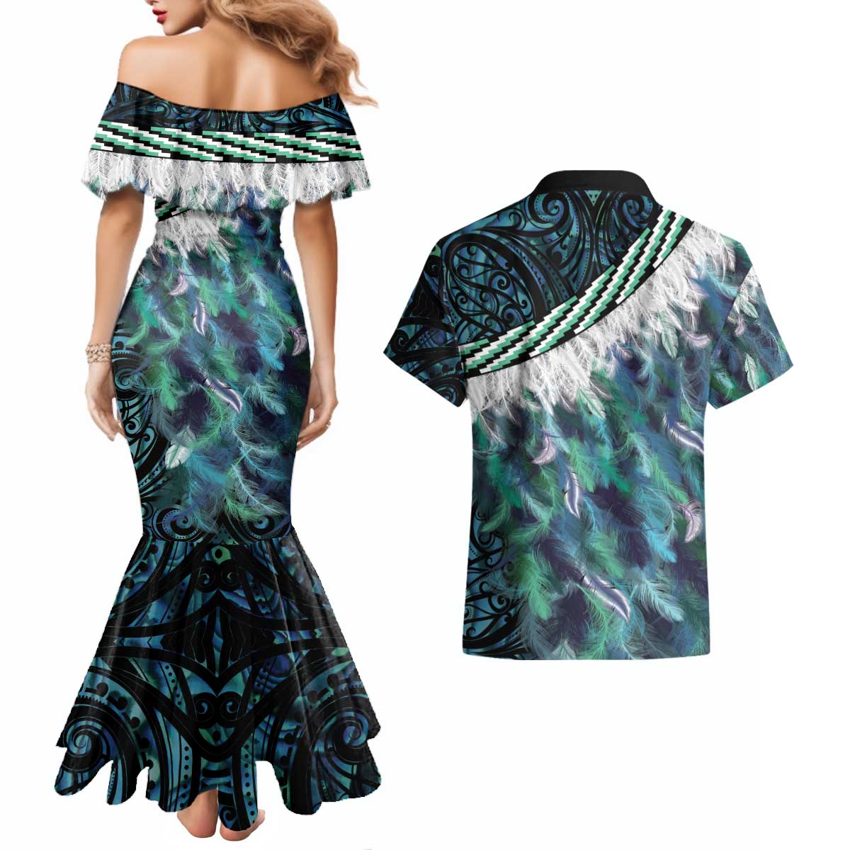 Turquoise Traditional Cloak Aotearoa Couples Matching Mermaid Dress and Hawaiian Shirt Maori Paua Shell Korowai Pattern