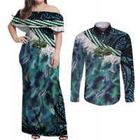 Turquoise Traditional Cloak Aotearoa Couples Matching Off Shoulder Maxi Dress and Long Sleeve Button Shirt Maori Paua Shell Korowai Pattern LT14 Turquoise - Polynesian Pride