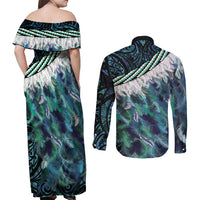 Turquoise Traditional Cloak Aotearoa Couples Matching Off Shoulder Maxi Dress and Long Sleeve Button Shirt Maori Paua Shell Korowai Pattern LT14 - Polynesian Pride