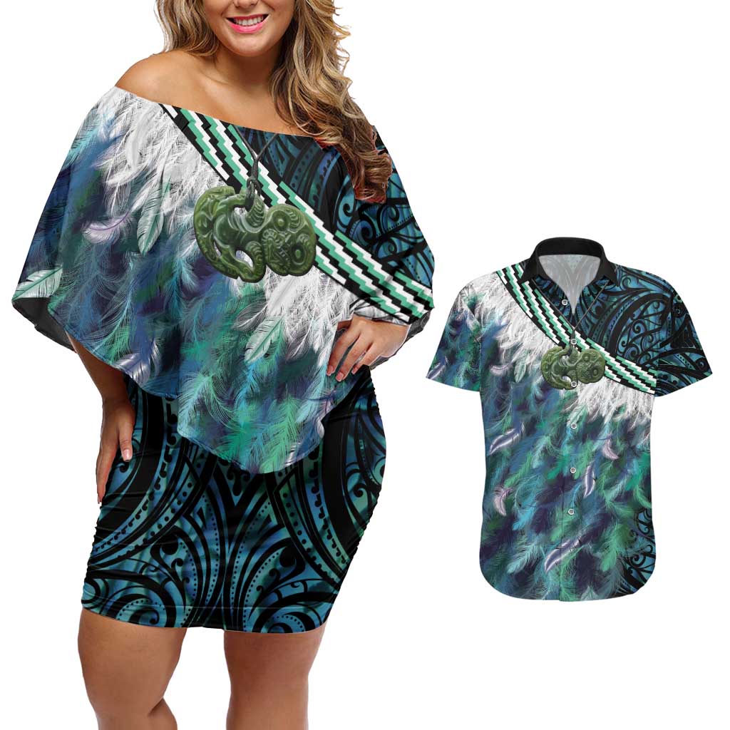 Turquoise Traditional Cloak Aotearoa Couples Matching Off Shoulder Short Dress and Hawaiian Shirt Maori Paua Shell Korowai Pattern LT14 Turquoise - Polynesian Pride