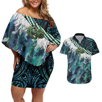 Turquoise Traditional Cloak Aotearoa Couples Matching Off Shoulder Short Dress and Hawaiian Shirt Maori Paua Shell Korowai Pattern LT14 Turquoise - Polynesian Pride