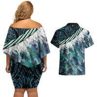 Turquoise Traditional Cloak Aotearoa Couples Matching Off Shoulder Short Dress and Hawaiian Shirt Maori Paua Shell Korowai Pattern LT14 - Polynesian Pride