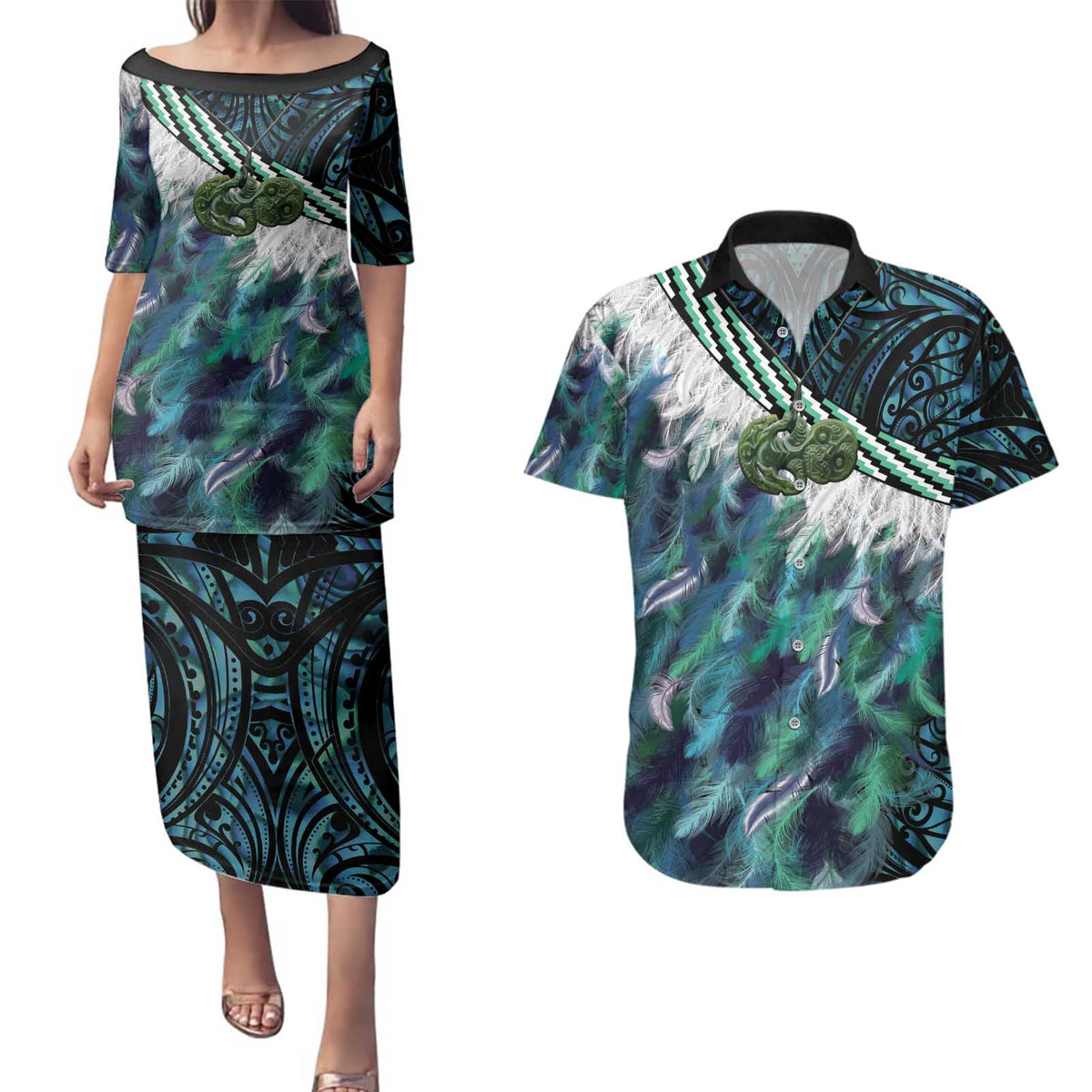 Turquoise Traditional Cloak Aotearoa Couples Matching Puletasi and Hawaiian Shirt Maori Paua Shell Korowai Pattern