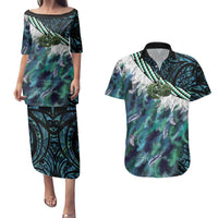 Turquoise Traditional Cloak Aotearoa Couples Matching Puletasi and Hawaiian Shirt Maori Paua Shell Korowai Pattern
