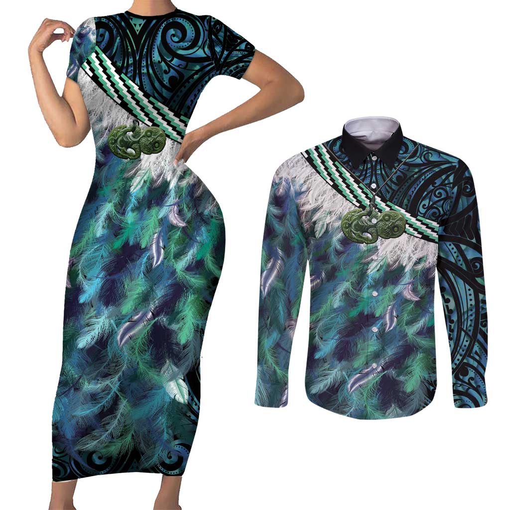 Turquoise Traditional Cloak Aotearoa Couples Matching Short Sleeve Bodycon Dress and Long Sleeve Button Shirt Maori Paua Shell Korowai Pattern LT14 Turquoise - Polynesian Pride