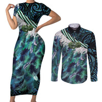 Turquoise Traditional Cloak Aotearoa Couples Matching Short Sleeve Bodycon Dress and Long Sleeve Button Shirt Maori Paua Shell Korowai Pattern LT14 Turquoise - Polynesian Pride