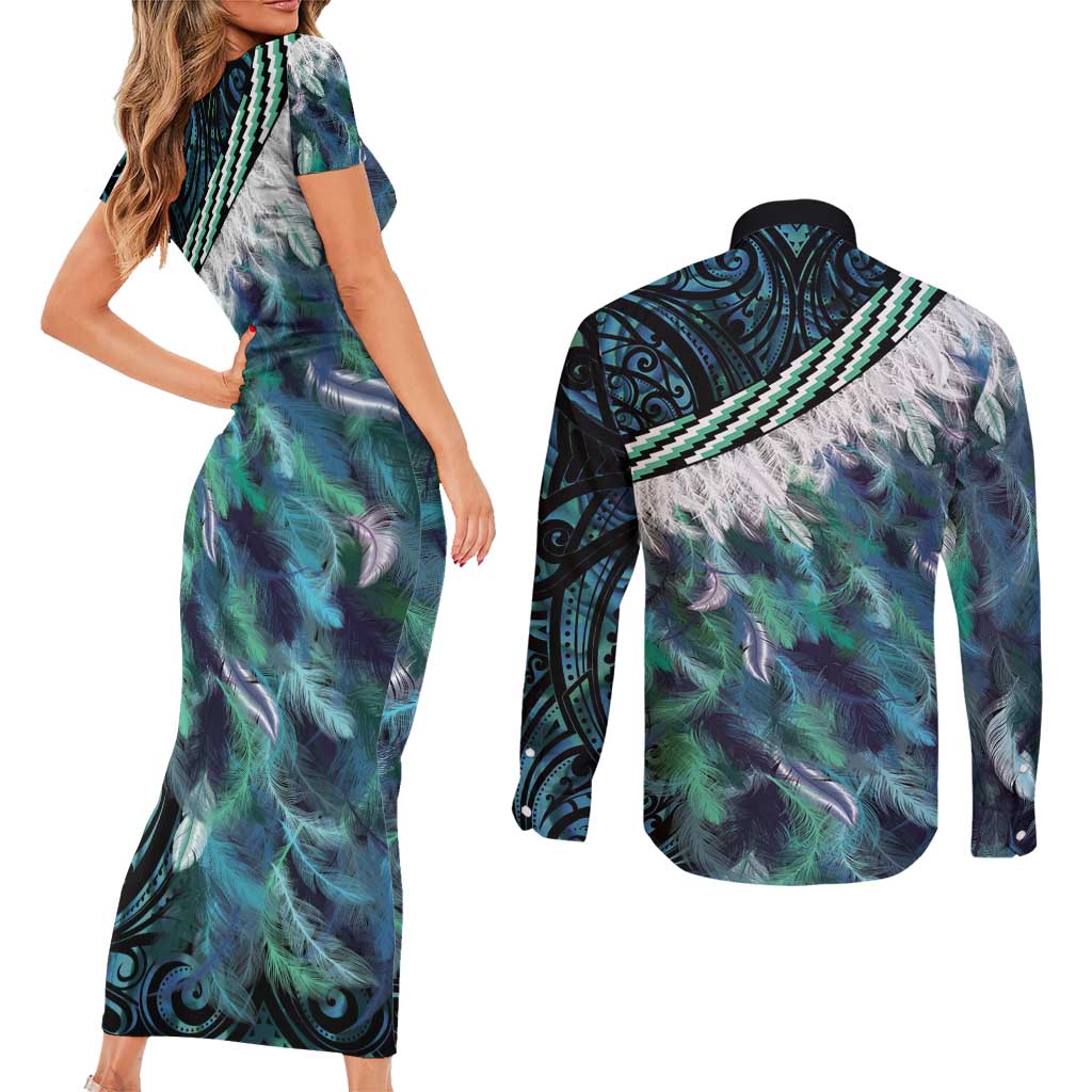 Turquoise Traditional Cloak Aotearoa Couples Matching Short Sleeve Bodycon Dress and Long Sleeve Button Shirt Maori Paua Shell Korowai Pattern LT14 - Polynesian Pride