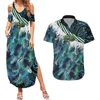 Turquoise Traditional Cloak Aotearoa Couples Matching Summer Maxi Dress and Hawaiian Shirt Maori Paua Shell Korowai Pattern LT14 Turquoise - Polynesian Pride