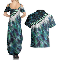 Turquoise Traditional Cloak Aotearoa Couples Matching Summer Maxi Dress and Hawaiian Shirt Maori Paua Shell Korowai Pattern LT14 - Polynesian Pride