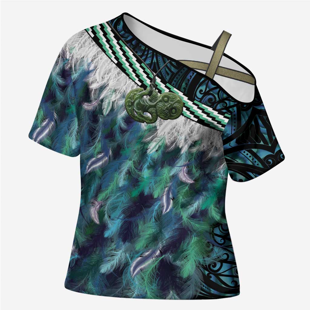 Turquoise Traditional Cloak Aotearoa Cross Shoulder Shirt Maori Paua Shell Korowai Pattern - Polynesian Pride