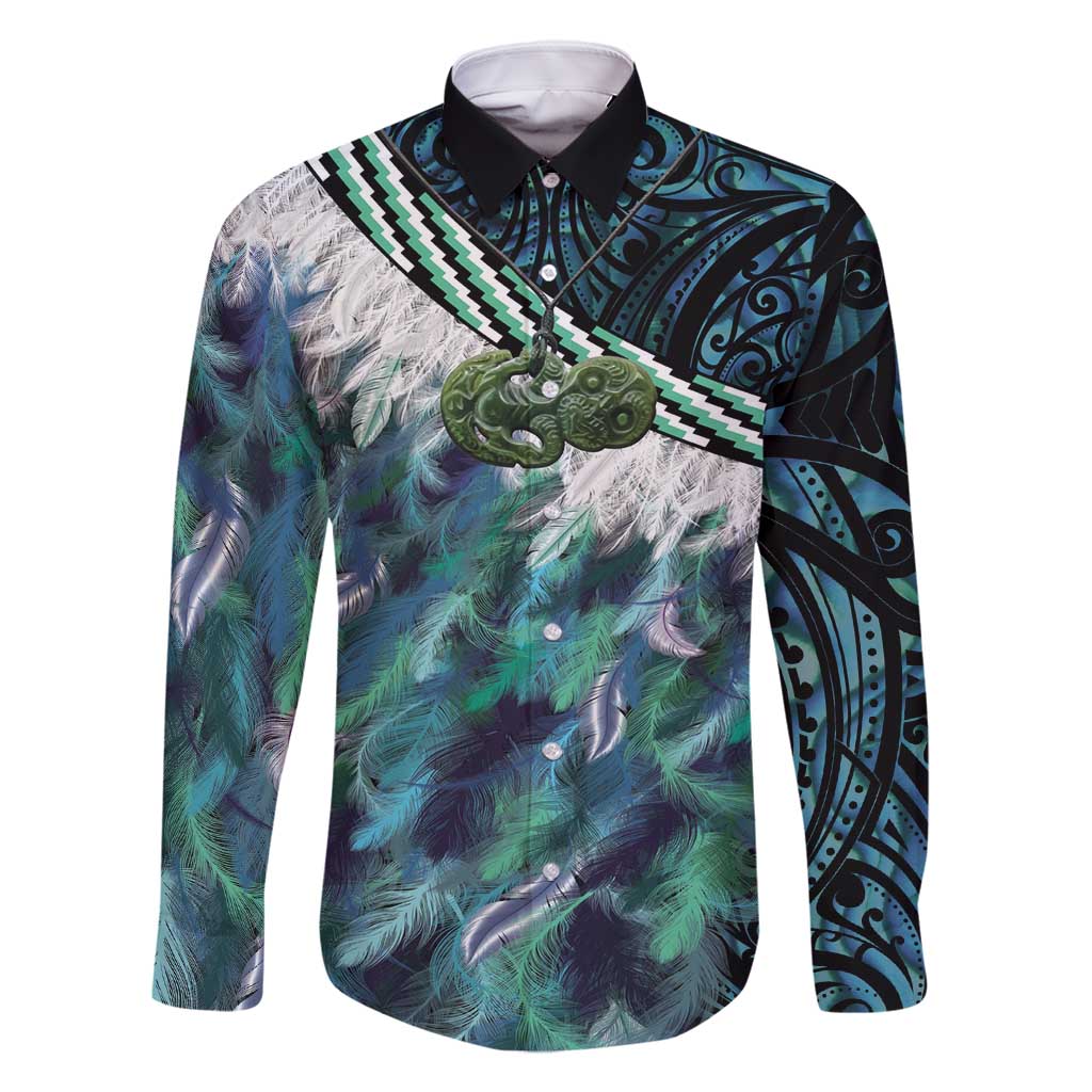 Turquoise Traditional Cloak Aotearoa Family Matching Long Sleeve Bodycon Dress and Hawaiian Shirt Maori Paua Shell Korowai Pattern LT14 Dad's Shirt - Long Sleeve Turquoise - Polynesian Pride