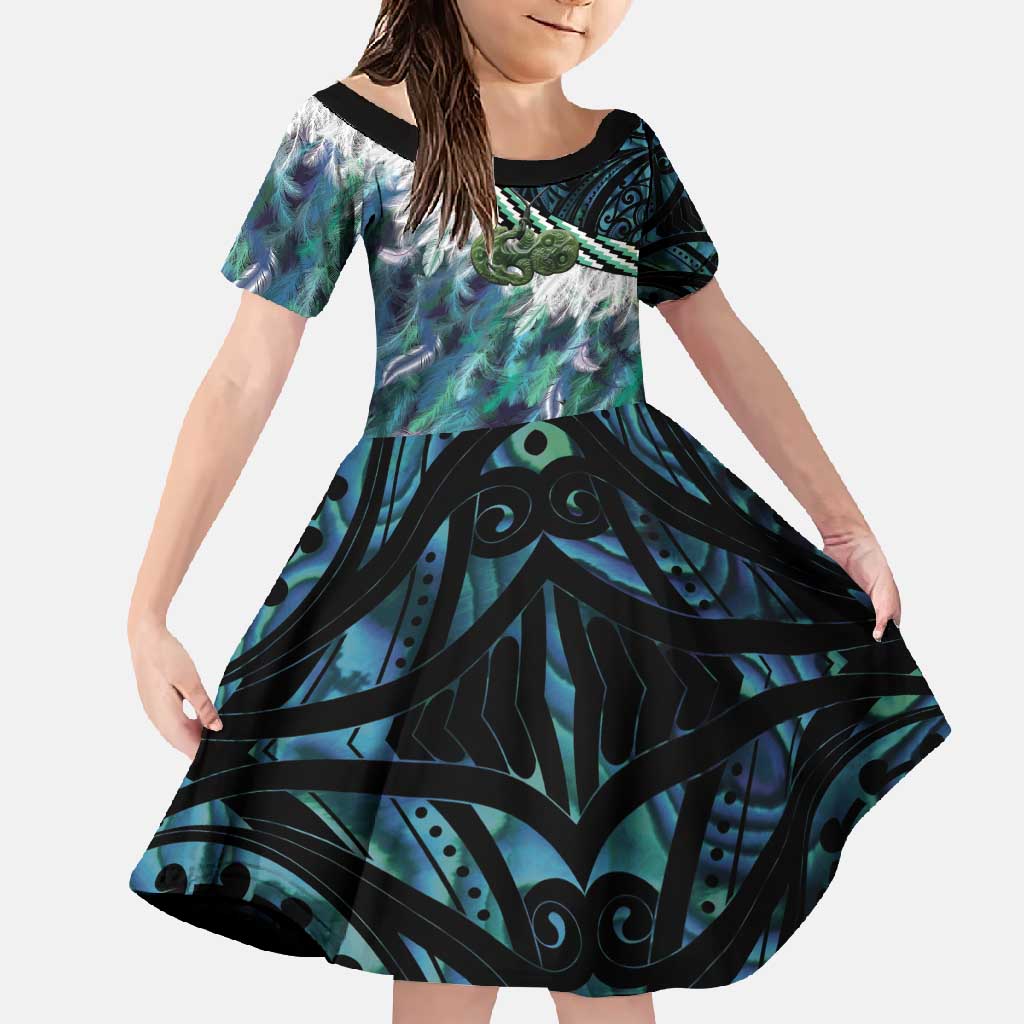 Turquoise Traditional Cloak Aotearoa Family Matching Mermaid Dress and Hawaiian Shirt Maori Paua Shell Korowai Pattern LT14 Daughter's Dress Turquoise - Polynesian Pride