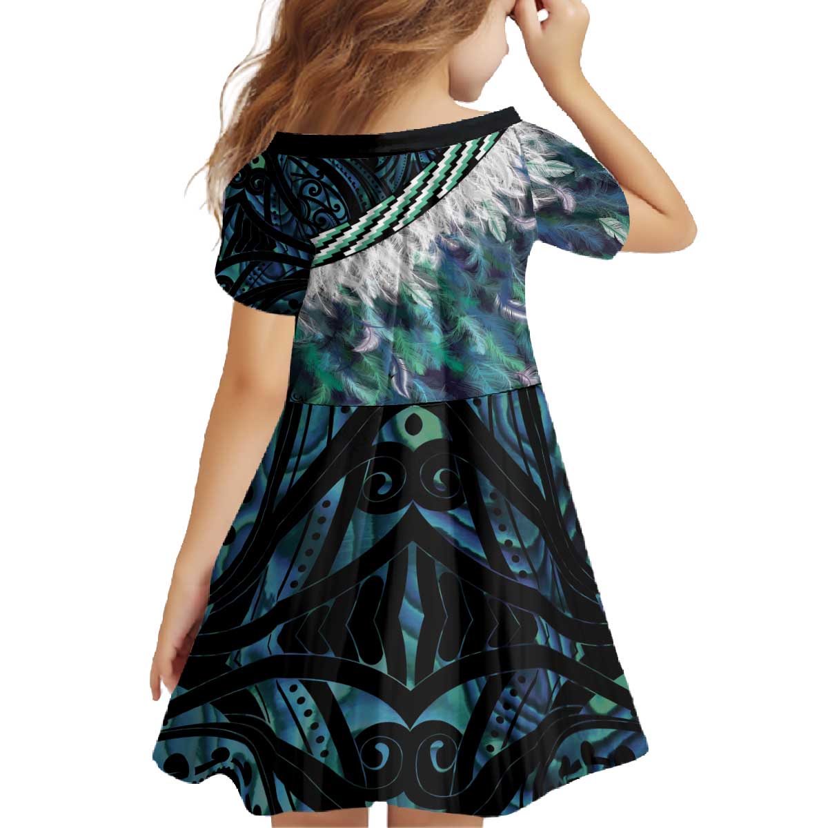 Turquoise Traditional Cloak Aotearoa Family Matching Off The Shoulder Long Sleeve Dress and Hawaiian Shirt Maori Paua Shell Korowai Pattern LT14 - Polynesian Pride