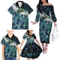 Turquoise Traditional Cloak Aotearoa Family Matching Off The Shoulder Long Sleeve Dress and Hawaiian Shirt Maori Paua Shell Korowai Pattern LT14 - Polynesian Pride