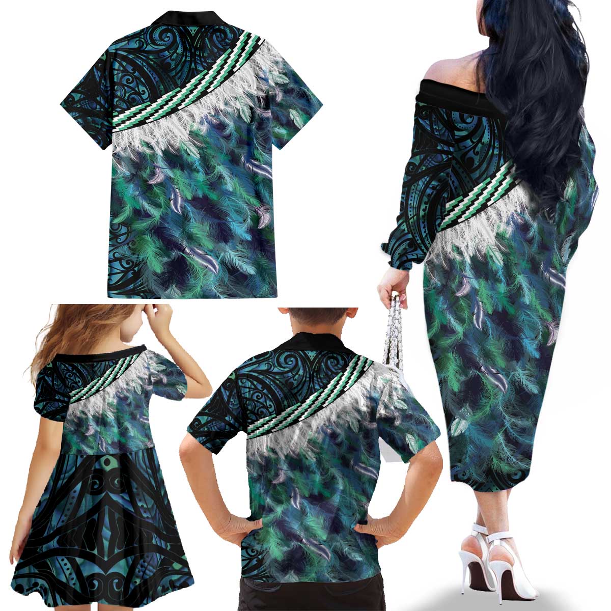 Turquoise Traditional Cloak Aotearoa Family Matching Off The Shoulder Long Sleeve Dress and Hawaiian Shirt Maori Paua Shell Korowai Pattern LT14 - Polynesian Pride