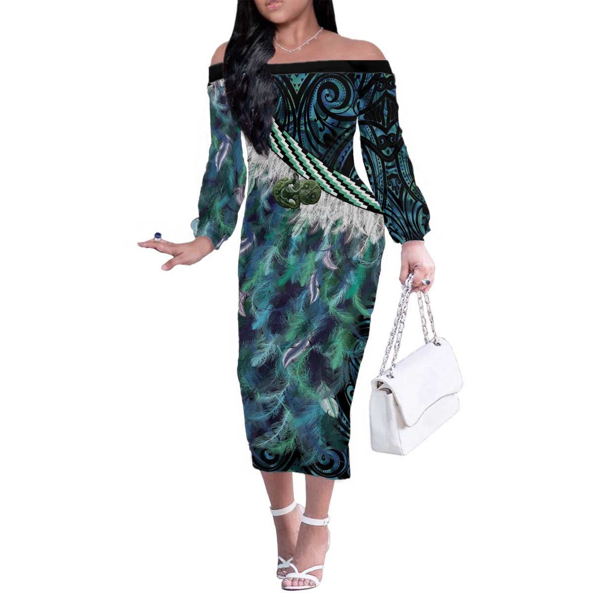 Turquoise Traditional Cloak Aotearoa Family Matching Off The Shoulder Long Sleeve Dress and Hawaiian Shirt Maori Paua Shell Korowai Pattern LT14 Mom's Dress Turquoise - Polynesian Pride