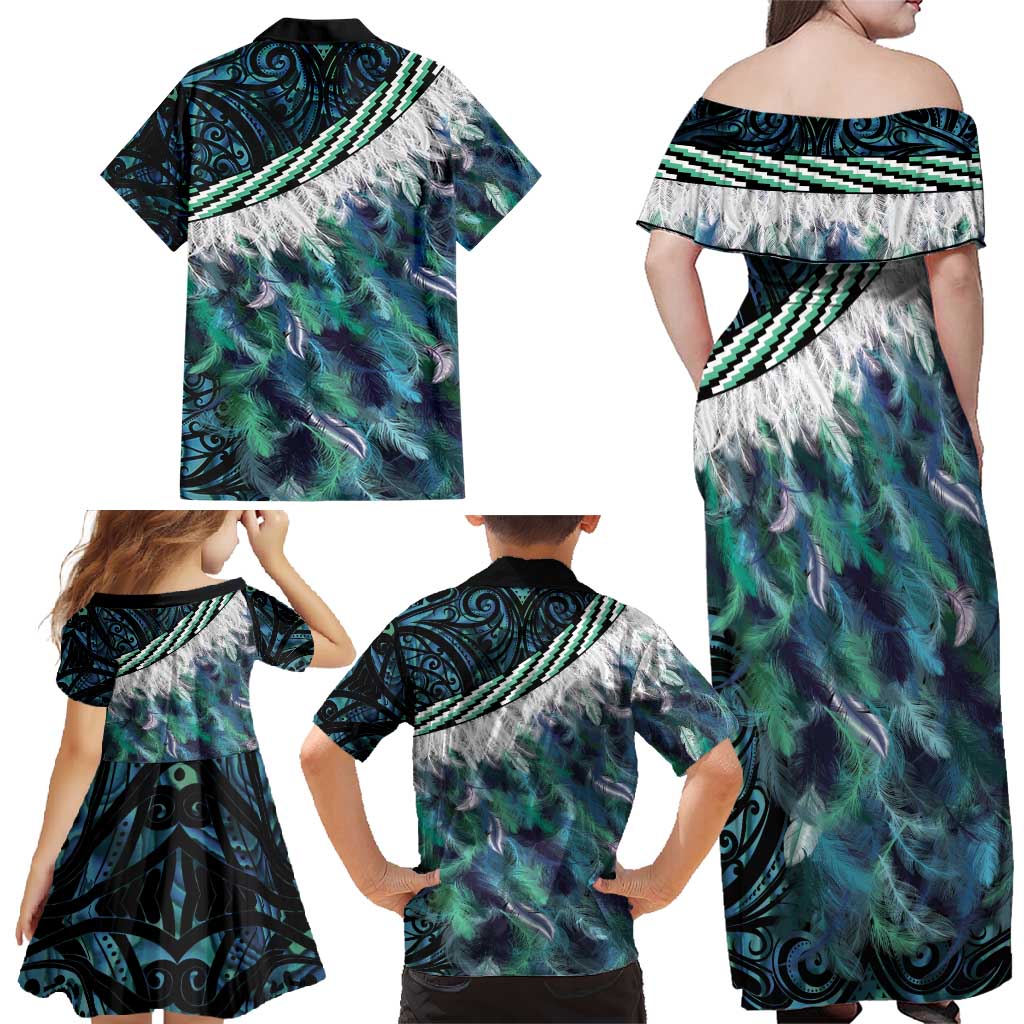Turquoise Traditional Cloak Aotearoa Family Matching Off Shoulder Maxi Dress and Hawaiian Shirt Maori Paua Shell Korowai Pattern