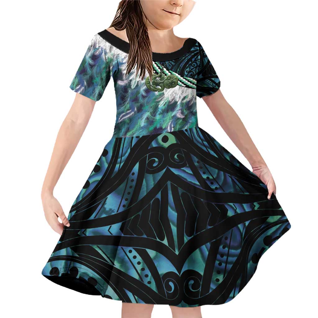 Turquoise Traditional Cloak Aotearoa Family Matching Off Shoulder Short Dress and Hawaiian Shirt Maori Paua Shell Korowai Pattern