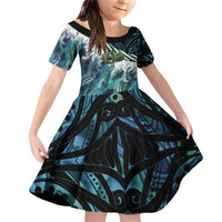 Turquoise Traditional Cloak Aotearoa Family Matching Off Shoulder Short Dress and Hawaiian Shirt Maori Paua Shell Korowai Pattern