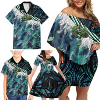 Turquoise Traditional Cloak Aotearoa Family Matching Off Shoulder Short Dress and Hawaiian Shirt Maori Paua Shell Korowai Pattern