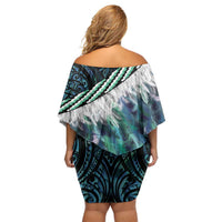 Turquoise Traditional Cloak Aotearoa Family Matching Off Shoulder Short Dress and Hawaiian Shirt Maori Paua Shell Korowai Pattern