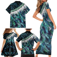 Turquoise Traditional Cloak Aotearoa Family Matching Short Sleeve Bodycon Dress and Hawaiian Shirt Maori Paua Shell Korowai Pattern LT14 - Polynesian Pride