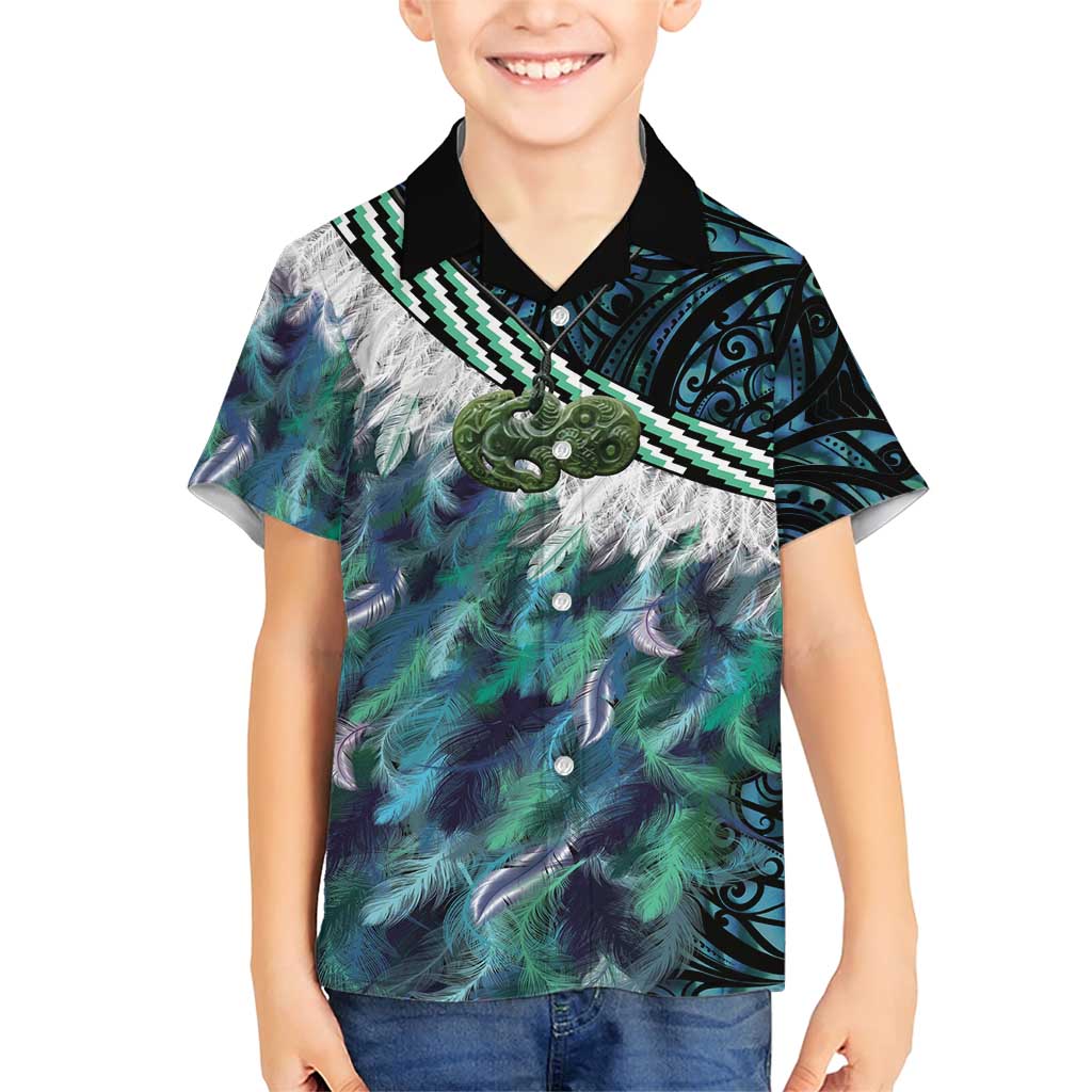 Turquoise Traditional Cloak Aotearoa Family Matching Short Sleeve Bodycon Dress and Hawaiian Shirt Maori Paua Shell Korowai Pattern LT14 Son's Shirt Turquoise - Polynesian Pride