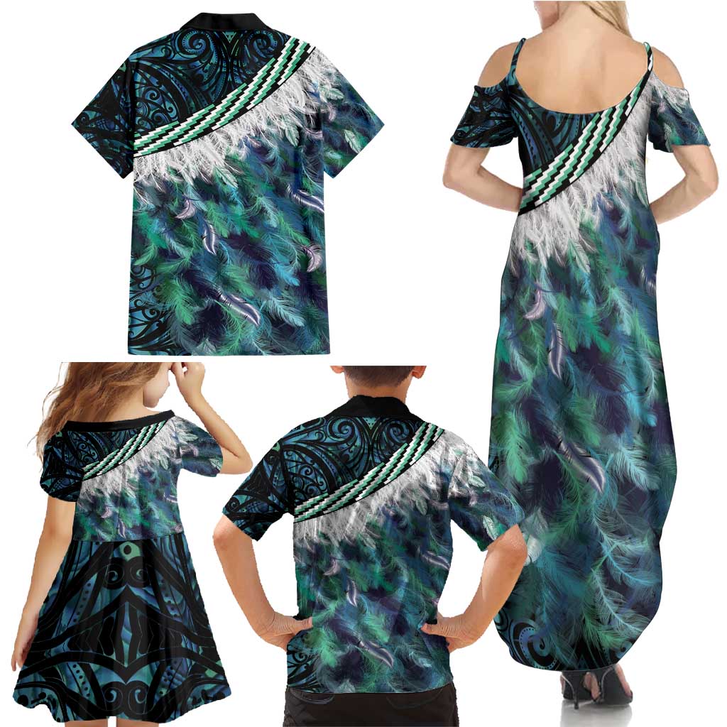 Turquoise Traditional Cloak Aotearoa Family Matching Summer Maxi Dress and Hawaiian Shirt Maori Paua Shell Korowai Pattern