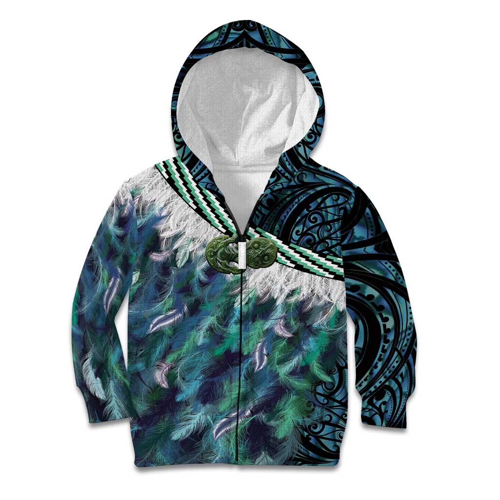 Turquoise Traditional Cloak Aotearoa Kid Hoodie Maori Paua Shell Korowai Pattern