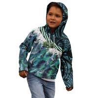 Turquoise Traditional Cloak Aotearoa Kid Hoodie Maori Paua Shell Korowai Pattern