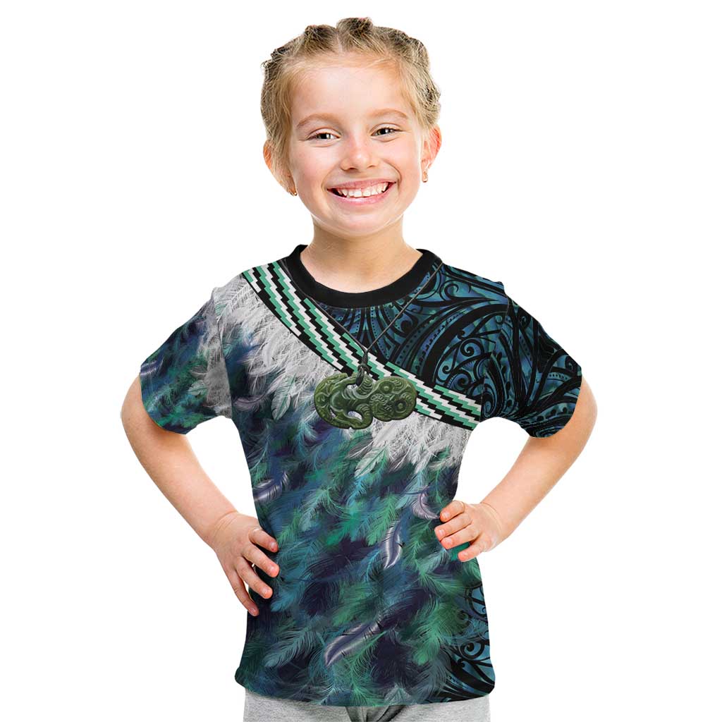 Turquoise Traditional Cloak Aotearoa Kid T Shirt Maori Paua Shell Korowai Pattern