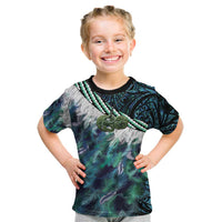 Turquoise Traditional Cloak Aotearoa Kid T Shirt Maori Paua Shell Korowai Pattern