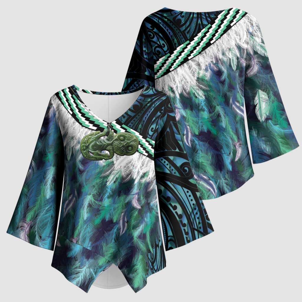 Turquoise Traditional Cloak Aotearoa Kimono Sleeve Blouse Maori Paua Shell Korowai Pattern - Polynesian Pride