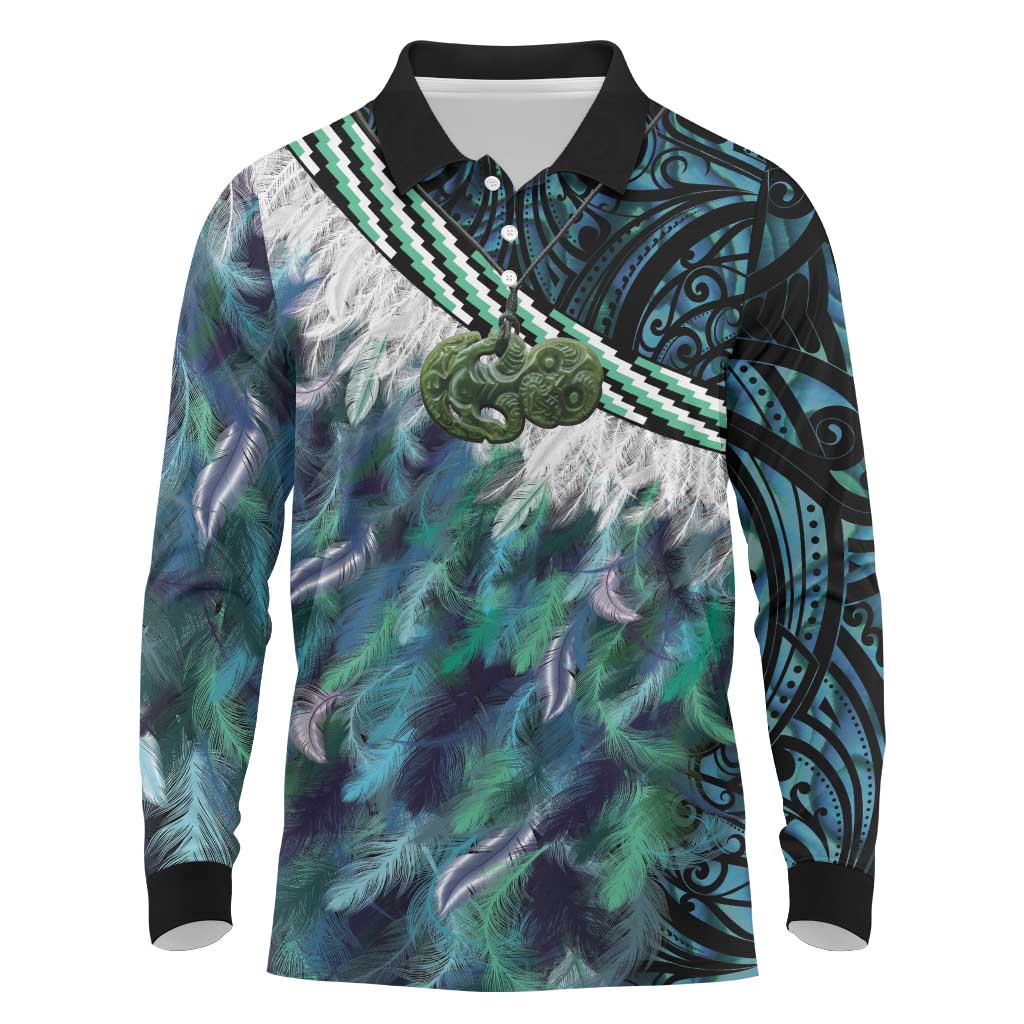 Turquoise Traditional Cloak Aotearoa Long Sleeve Polo Shirt Maori Paua Shell Korowai Pattern