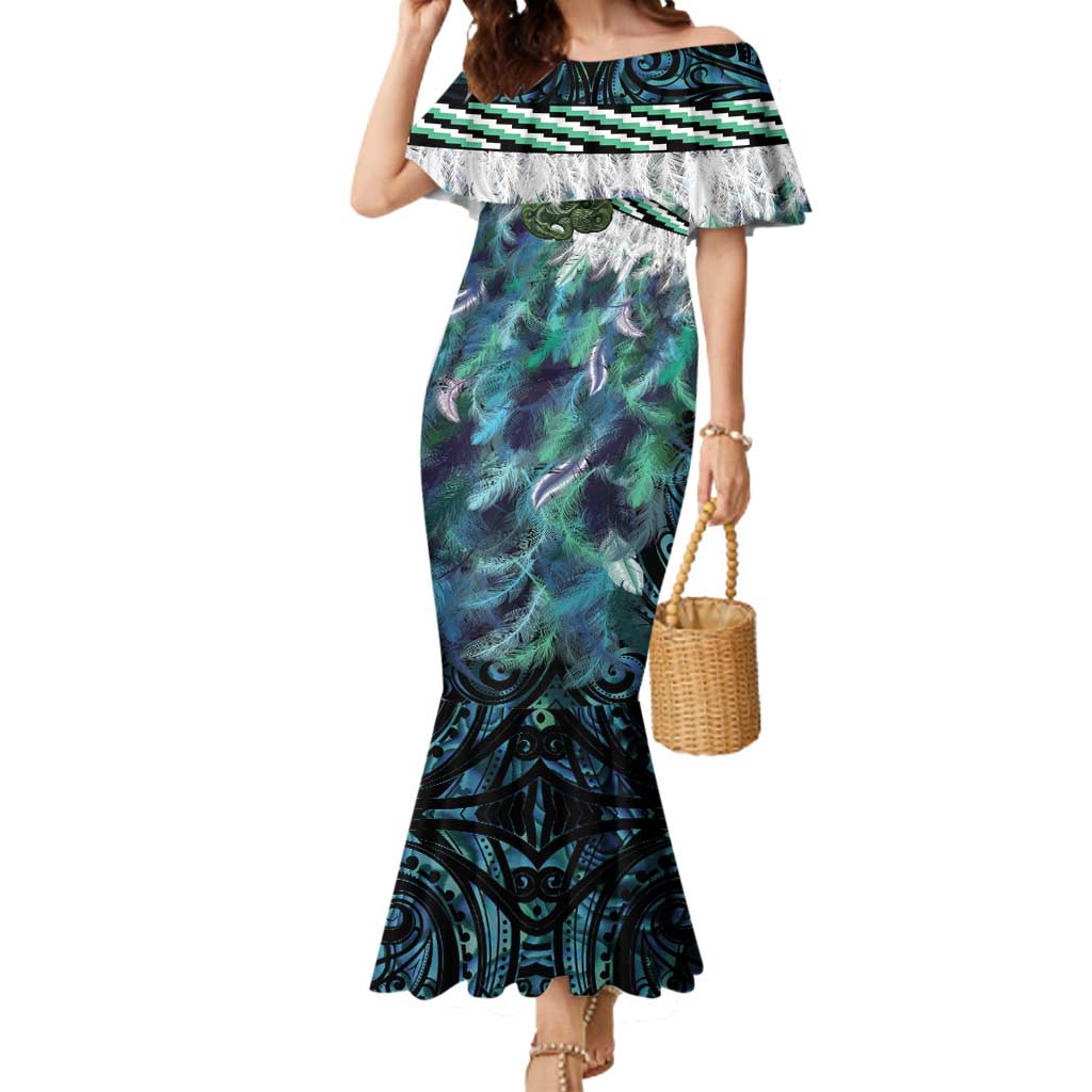 Turquoise Traditional Cloak Aotearoa Mermaid Dress Maori Paua Shell Korowai Pattern